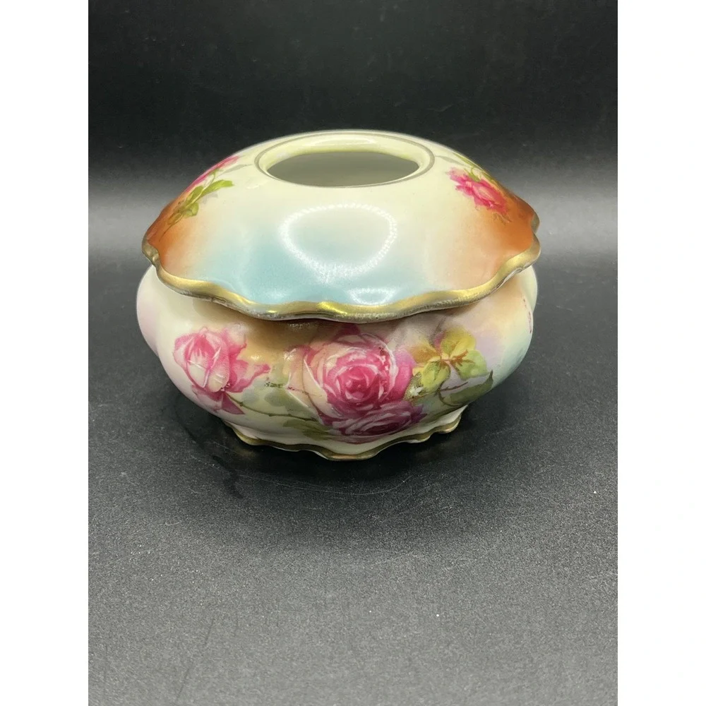 Vintage Porcelain Hand Painted Hair Receiver‎ / Vanity Dresser Jar